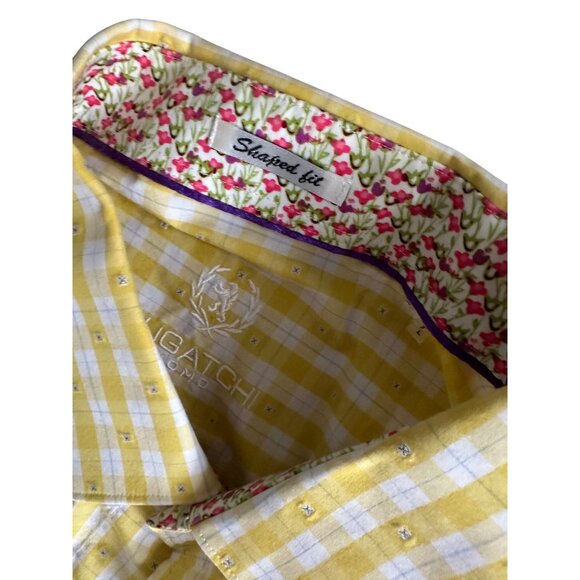 BUGATCHI Men's Yellow Plaid Print Long Sleeve Button Down Shirt Size M - Picture 5 of 8
